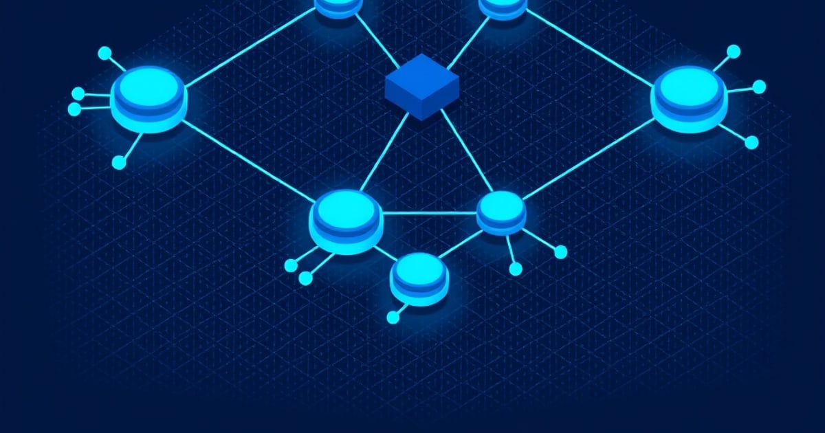 Flat isometric illustration of glowing cyan spheres and one blue diamond node wired together in a flat graph on dark navy.
