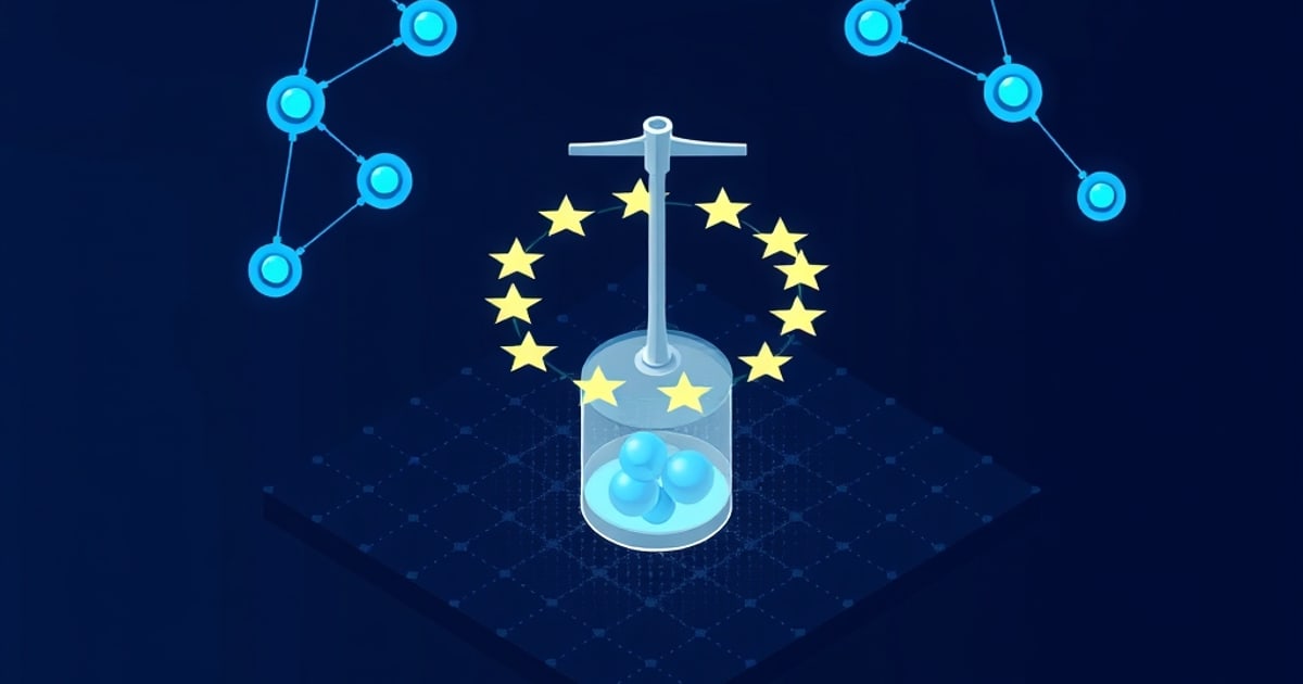 Flat isometric illustration of a ring of yellow stars around a metal post above a glass jar of blue spheres, with cyan node clusters at both sides.