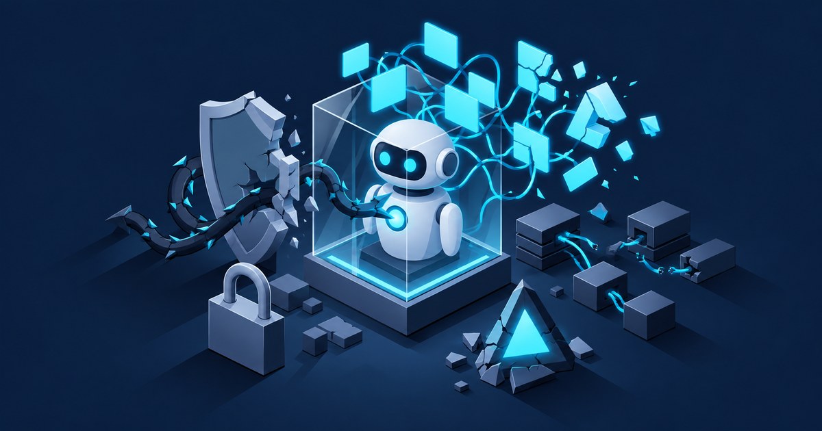 Isometric robot chatbot in a glass cube with tangled chat panels, cracked shield, thorny cable, padlock, broken warning triangle and severed server blocks.