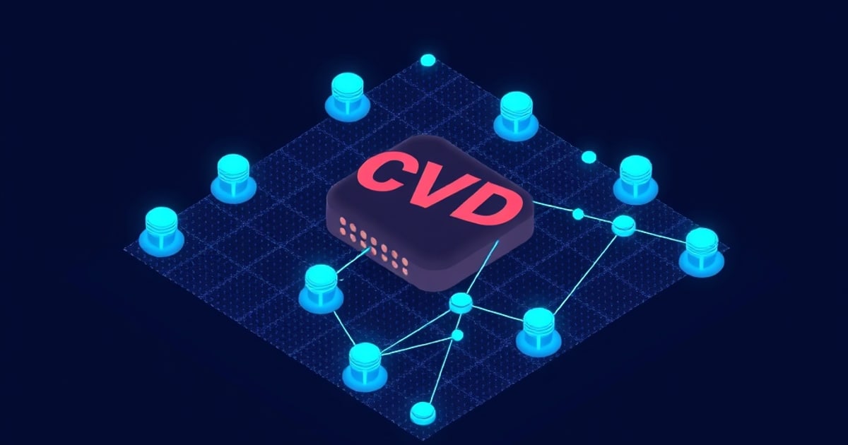 Isometric data table showing NVD CVE fields, severity scores, and code dependencies