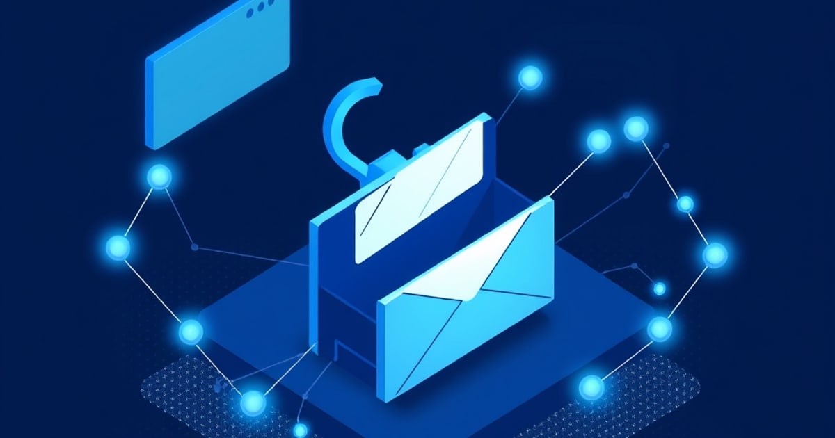 Isometric blue scene of an open padlock-shaped box holding envelopes on a dark platform, ringed by glowing network nodes, evoking fraud scams