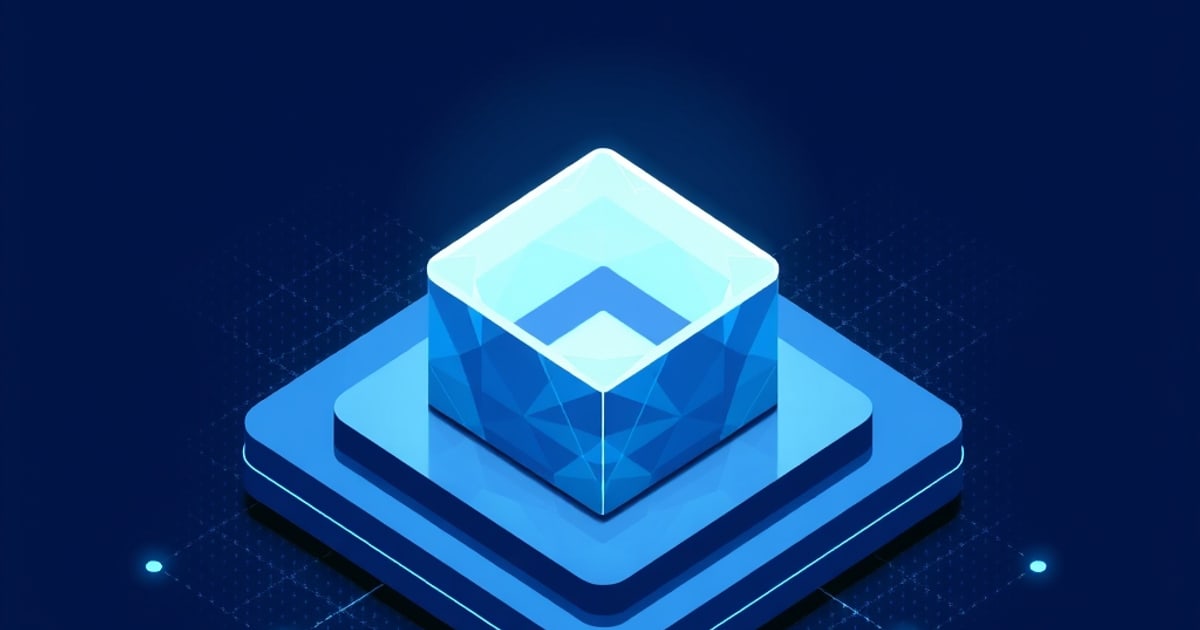 Flat isometric illustration of a glowing translucent faceted blue cube resting on a layered blue pedestal against a dark navy grid
