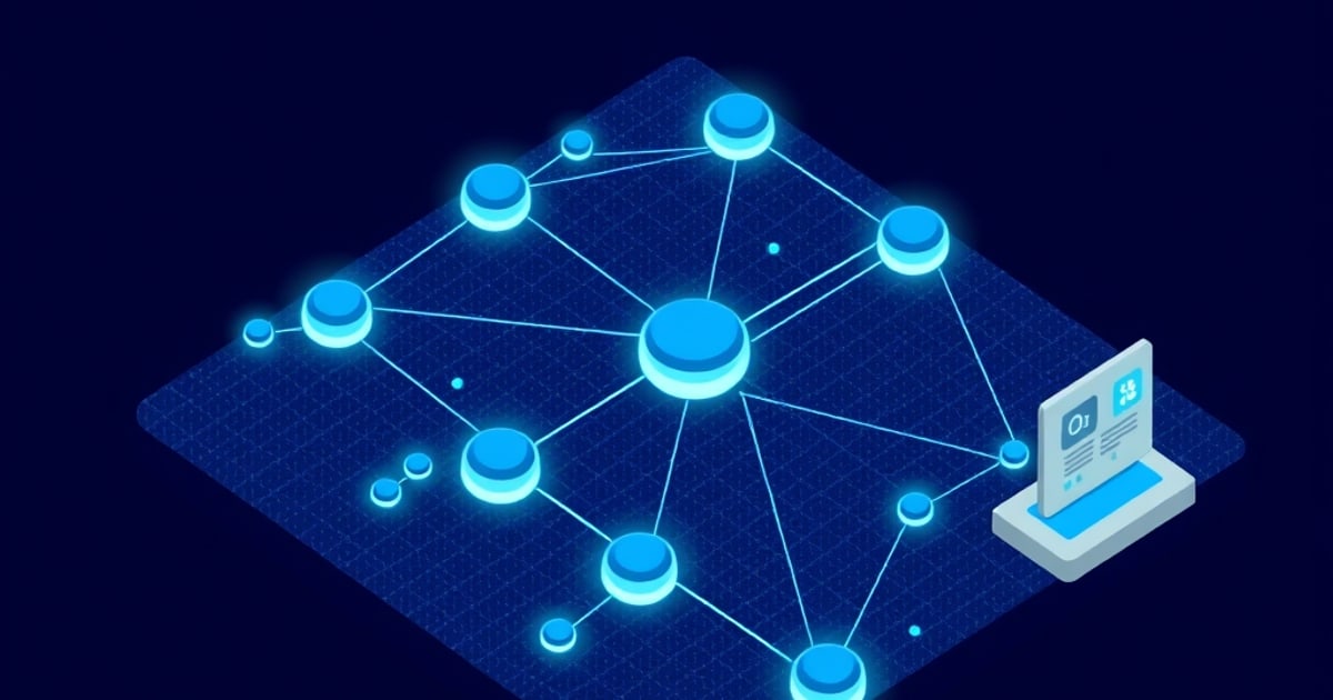 Flat isometric illustration of a glowing blue node network on a dark tile with a small laptop showing a document at the right edge