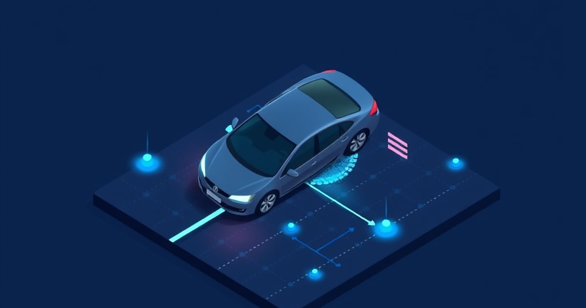 Flat isometric illustration of a silver car on a dark road tile with glowing sensor waypoints, dashed lane markings and a cyan scan beam